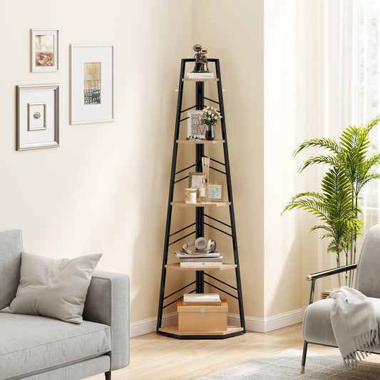 HOMCOM Corner Bookcase Five Tier Floor Standing Bookshelf Shelving Unit for Living Room Study Bedroom Natural Wood
