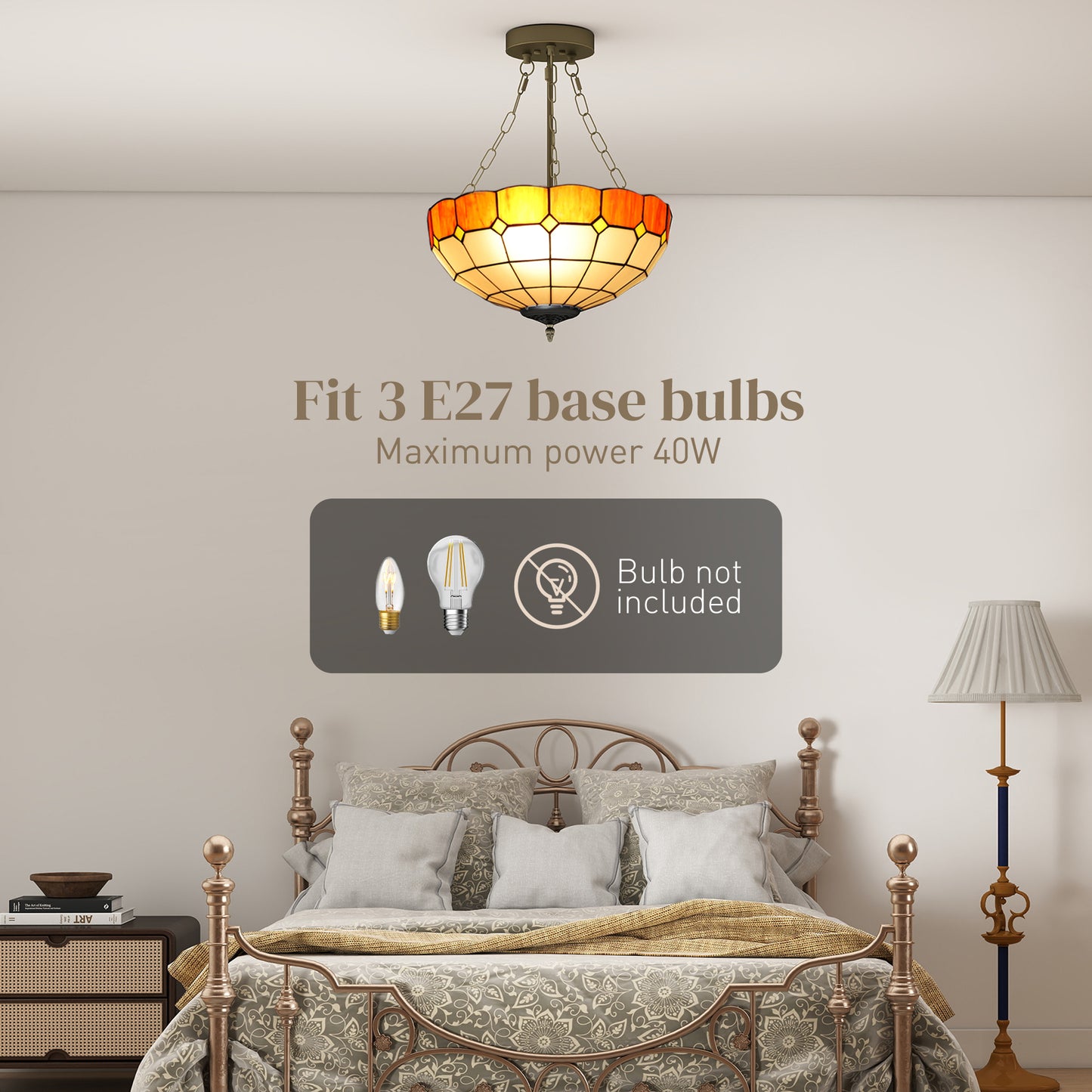 HOMCOM Tiffany Style Ceiling Light Vintage Chandelier With 3 E27 Sockets Semi Flush Mount For Living Room