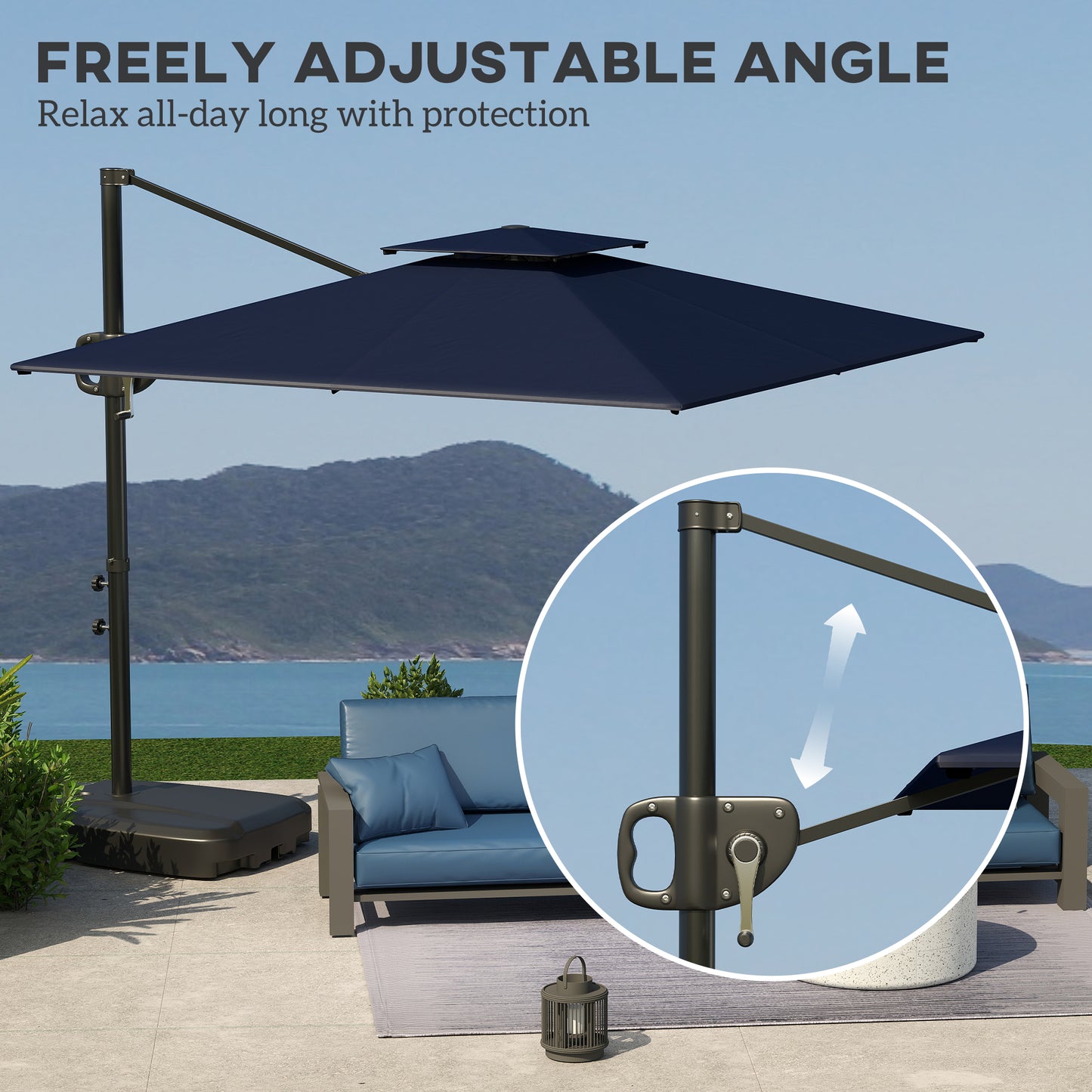 Outsunny Cantilever Parasol With Weighted Base Dark Blue Parasol Double Top Square Hanging Patio Umbrella Crank Tilt