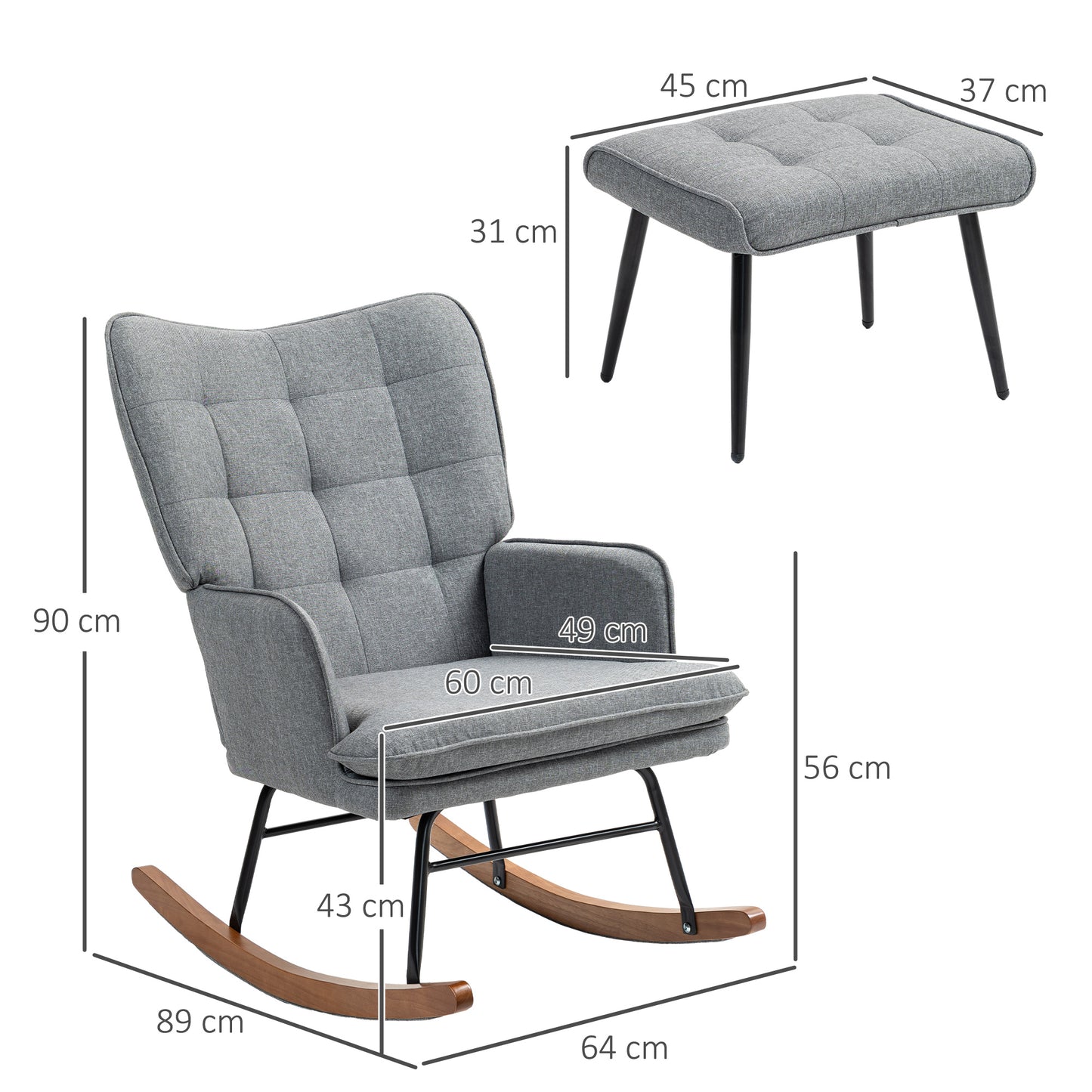 HOMCOM Linen Look Rocking Chair And Ottoman Set Grey With Padded Upholstery And Wooden Rocking Base