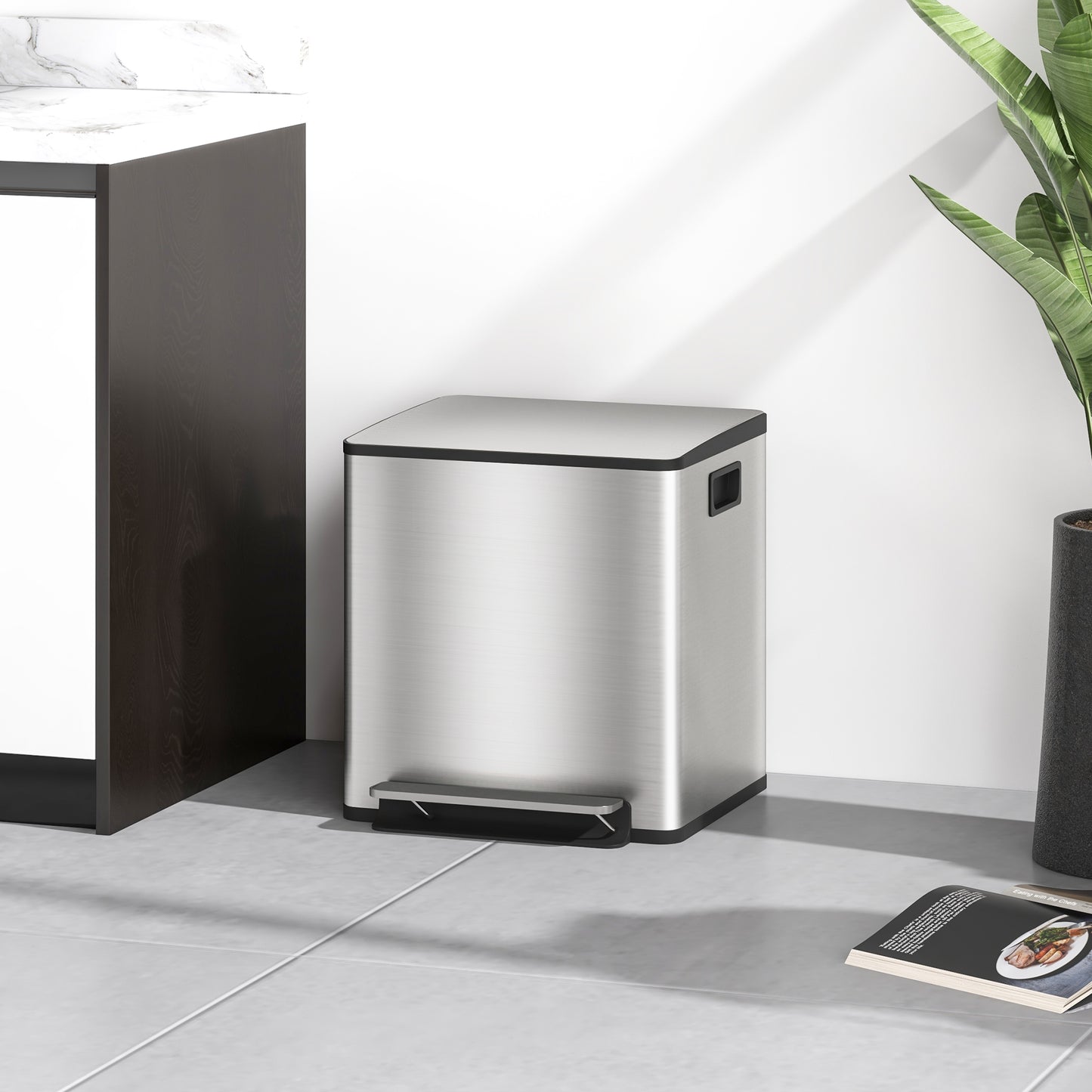 Homcom 30L Dual Compartment Stainless Steel Bin With Deodoriser Holders Silver Tone
