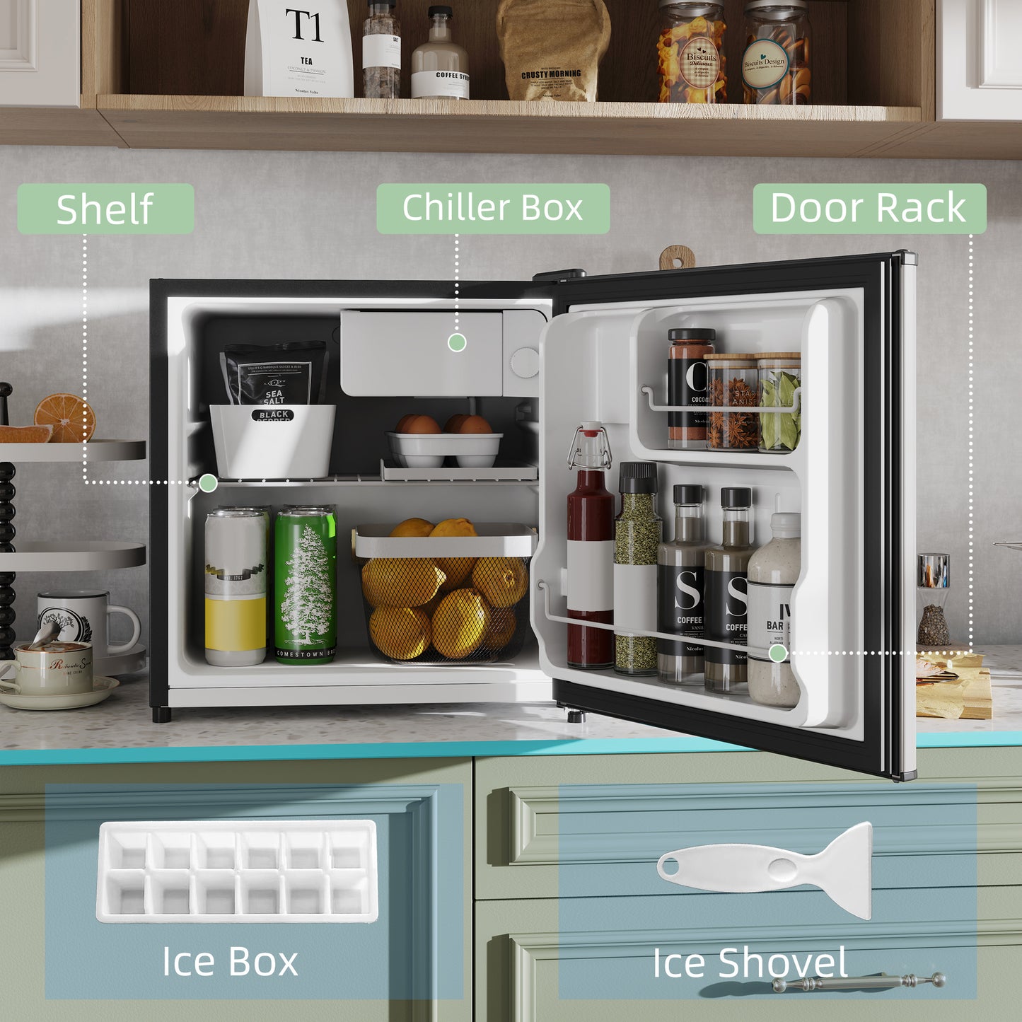 HOMCOM 46 Litre Table Top Mini Fridge with Ice Box Reversible Door Adjustable Temperature and Legs Silver Tone