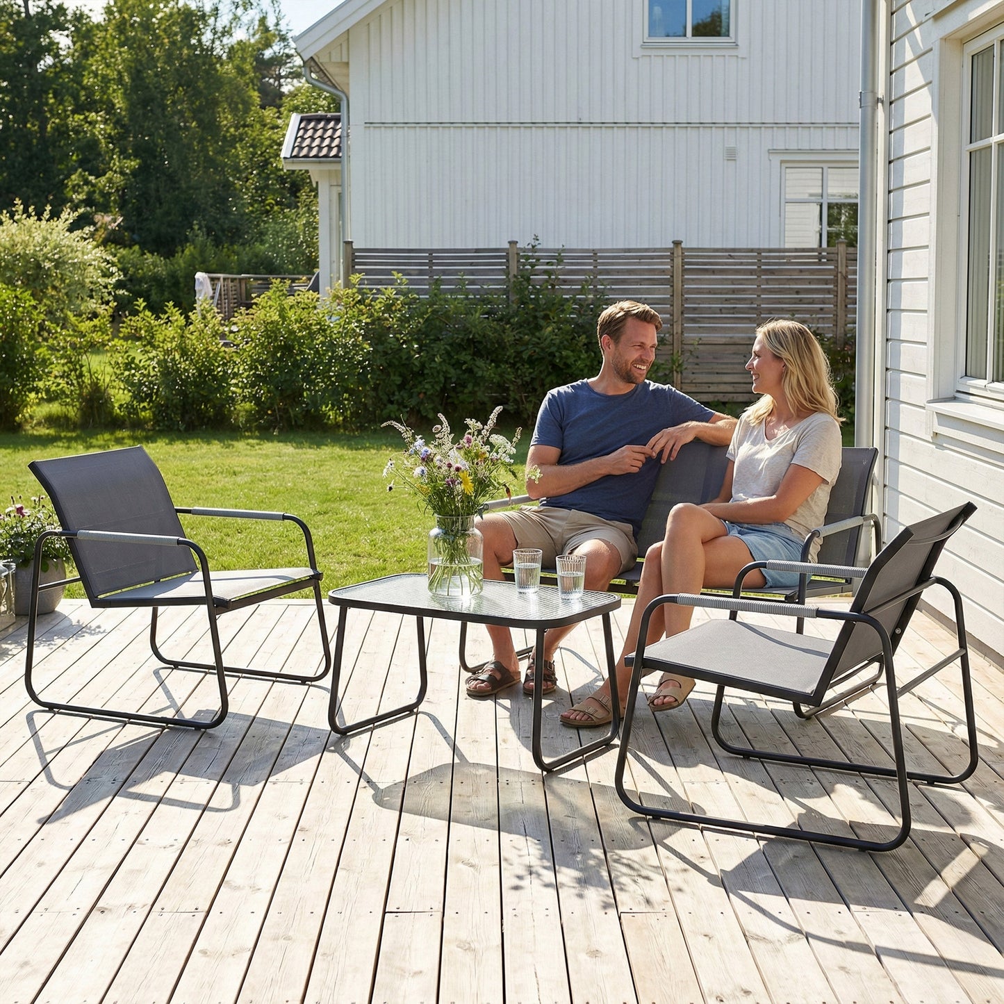 Outsunny 4 Piece Garden Furniture Set With Loveseat And Two Armchairs Grey Tempered Glass Coffee Table For Balcony