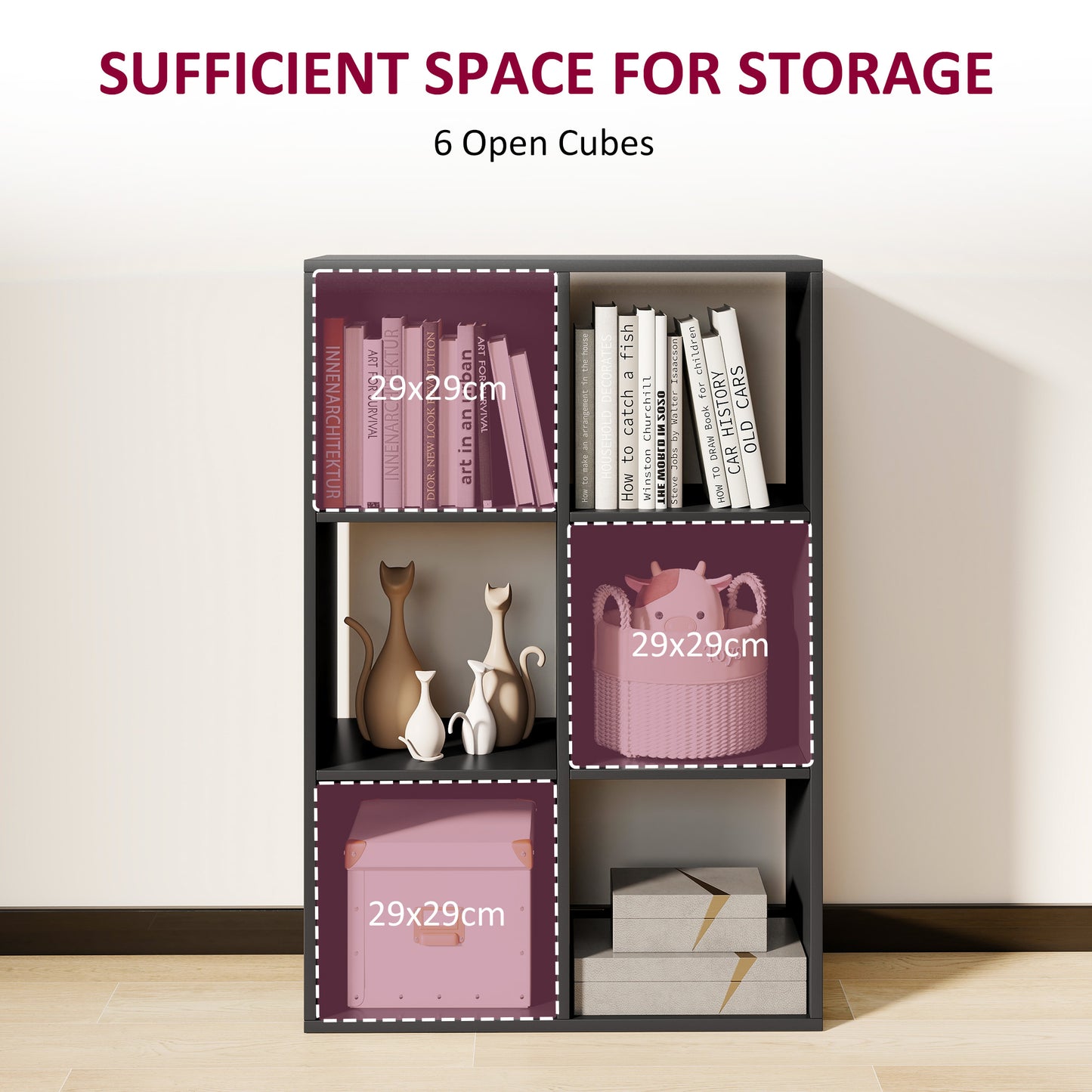 HOMCOM Six Cube Bookshelf Black Durable Particle Board Storage Organizer For Home Office