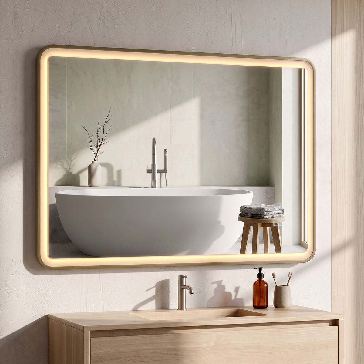 Gold LED bathroom mirror above sink, glowing perimeter edge light in frame