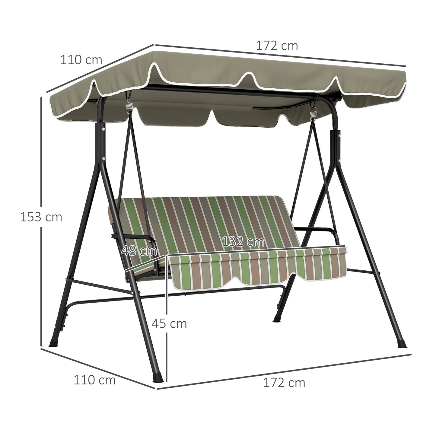Outsunny Three Seater Garden Swing Chair With Adjustable Canopy And Padded Seat For Outdoor Patio Green