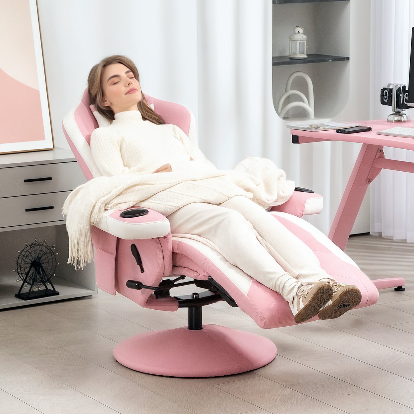 HOMCOM Manual Recliner Armchair With PU Leather 360 Degree Swivel Adjustable Leg Rest 135 Degree Recline Pink