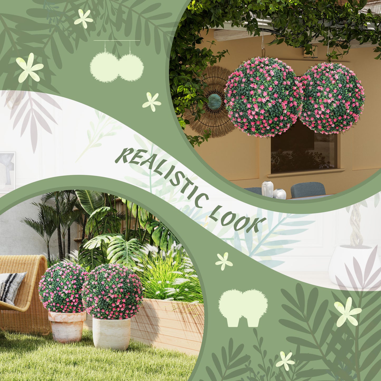 HOMCOM Set Of Two Pink Artificial Boxwood Balls For Home Decor Durable Plastic Indoor Outdoor Plants