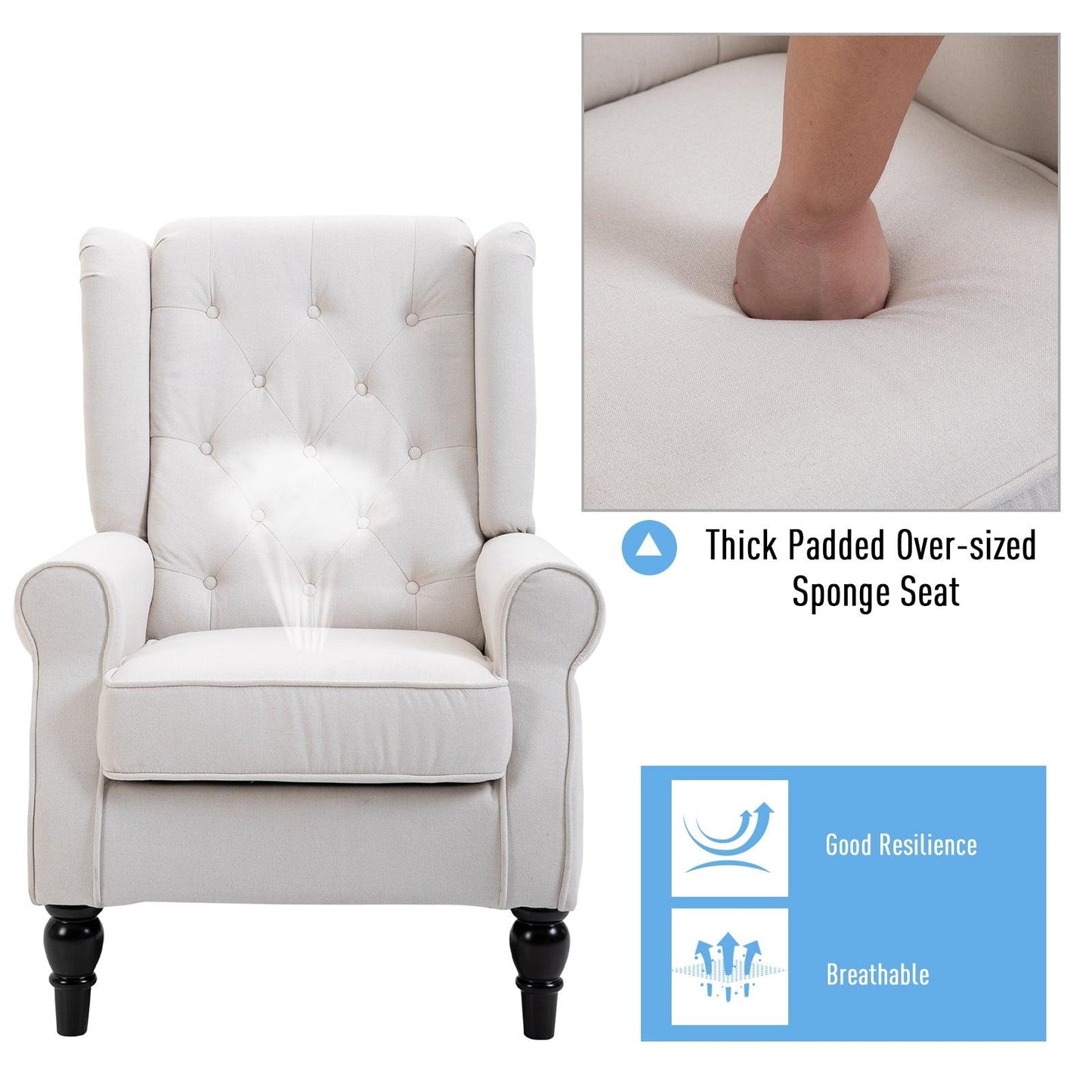 HOMCOM Accent Armchair Home Furniture Retro Tufted Club Wood Fabric Cream White - ALL4U RETAILER LTD