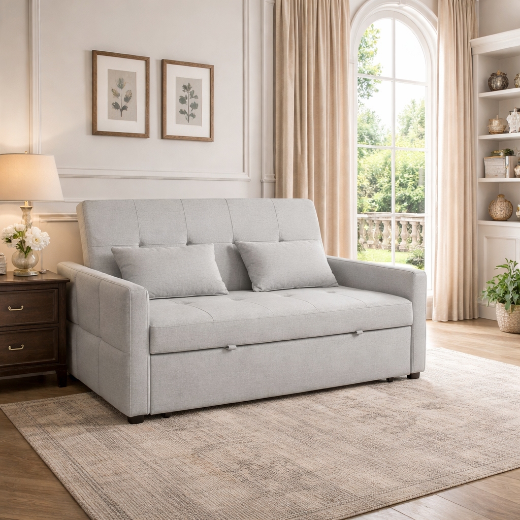 HOMCOM Three Way Two Seater Sofa Bed Light Grey Three In One Compact Linen Look Upholstered Sofa