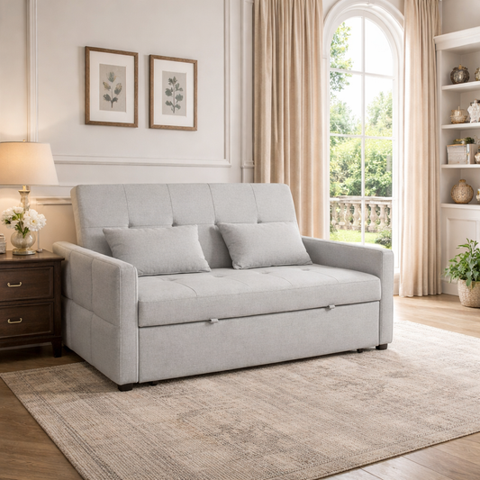 HOMCOM Three Way Two Seater Sofa Bed Light Grey Three In One Compact Linen Look Upholstered Sofa