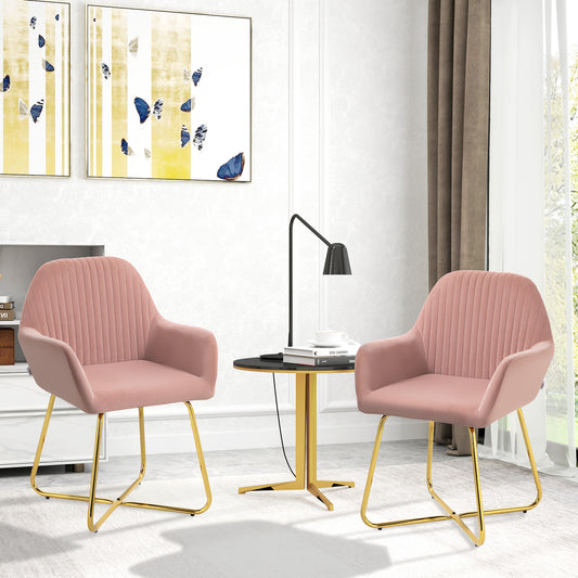HOMCOM Modern Arm Chair Set Of 2 Upholstered Accent Chair With Metal Base In Pink For Living Room