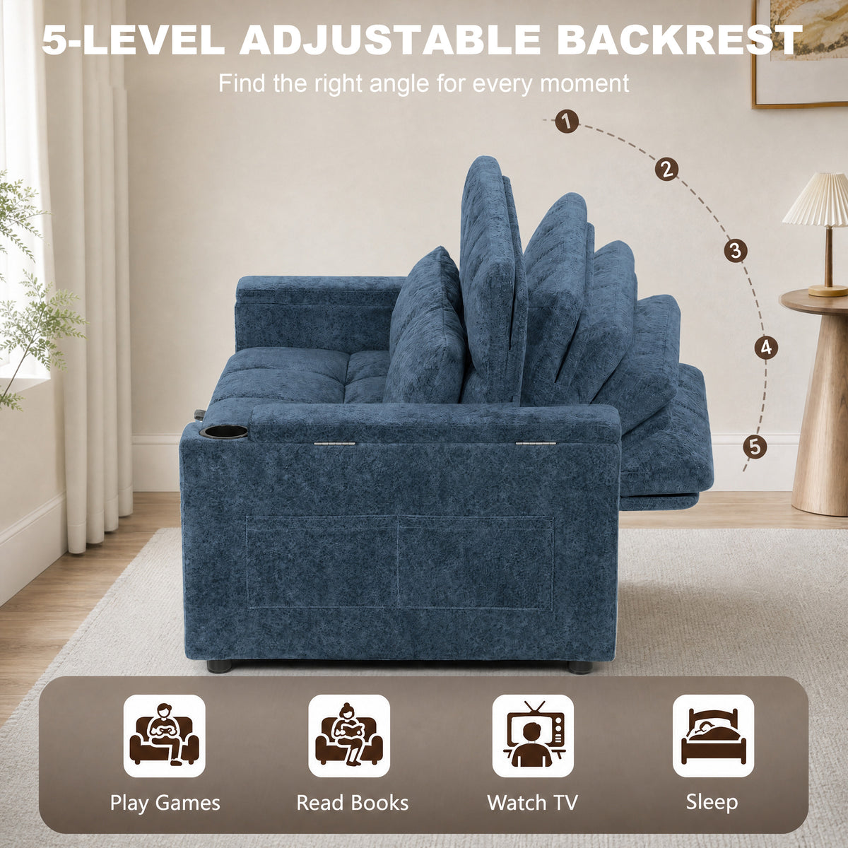 Dark blue sofa bed with adjustable backrest for multiple seating angles