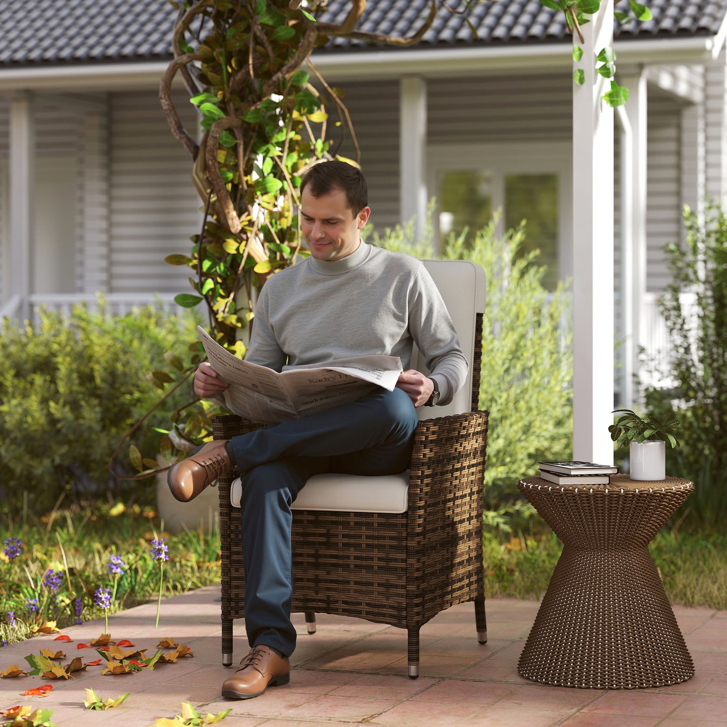 Outsunny Cream Reclining Rattan Chair With Adjustable Back 105 To 150 Degrees Cushioned Seat