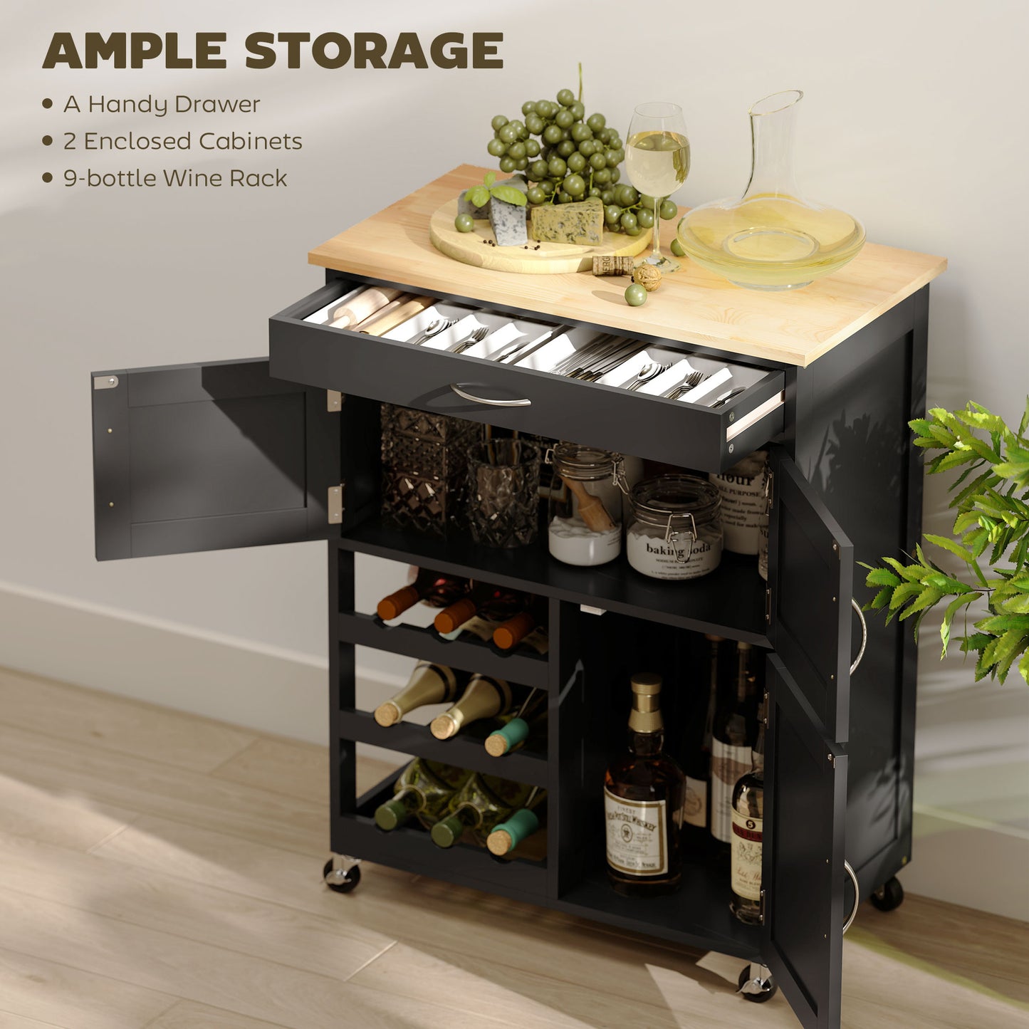 HOMCOM Modern Kitchen Trolley Rolling Island Storage Cart With Drawer 9 Bottle Wine Rack Door Cabinets Black