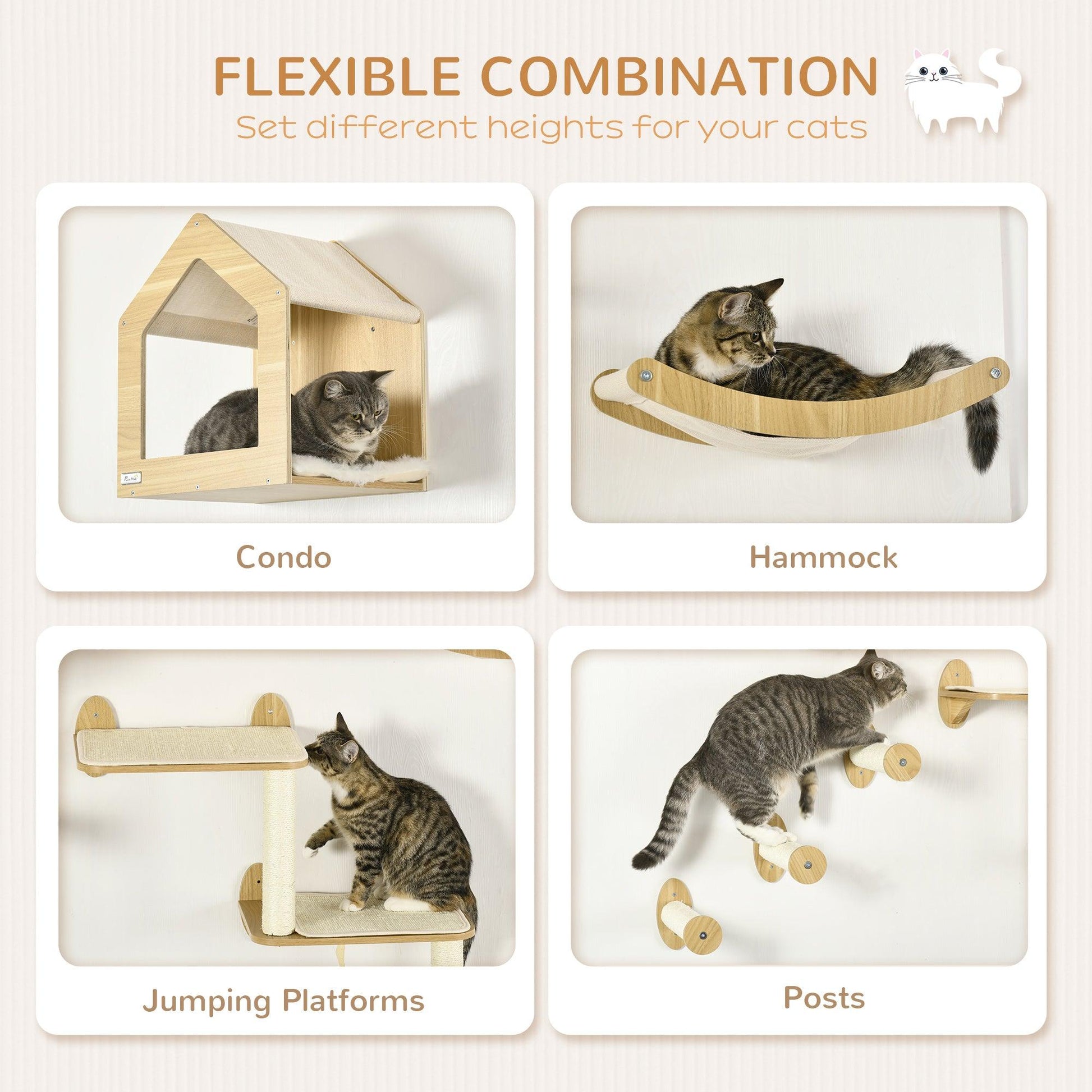 PawHut Cat Wall Furniture Set, Beige, 8PCs - ALL4U RETAILER LTD