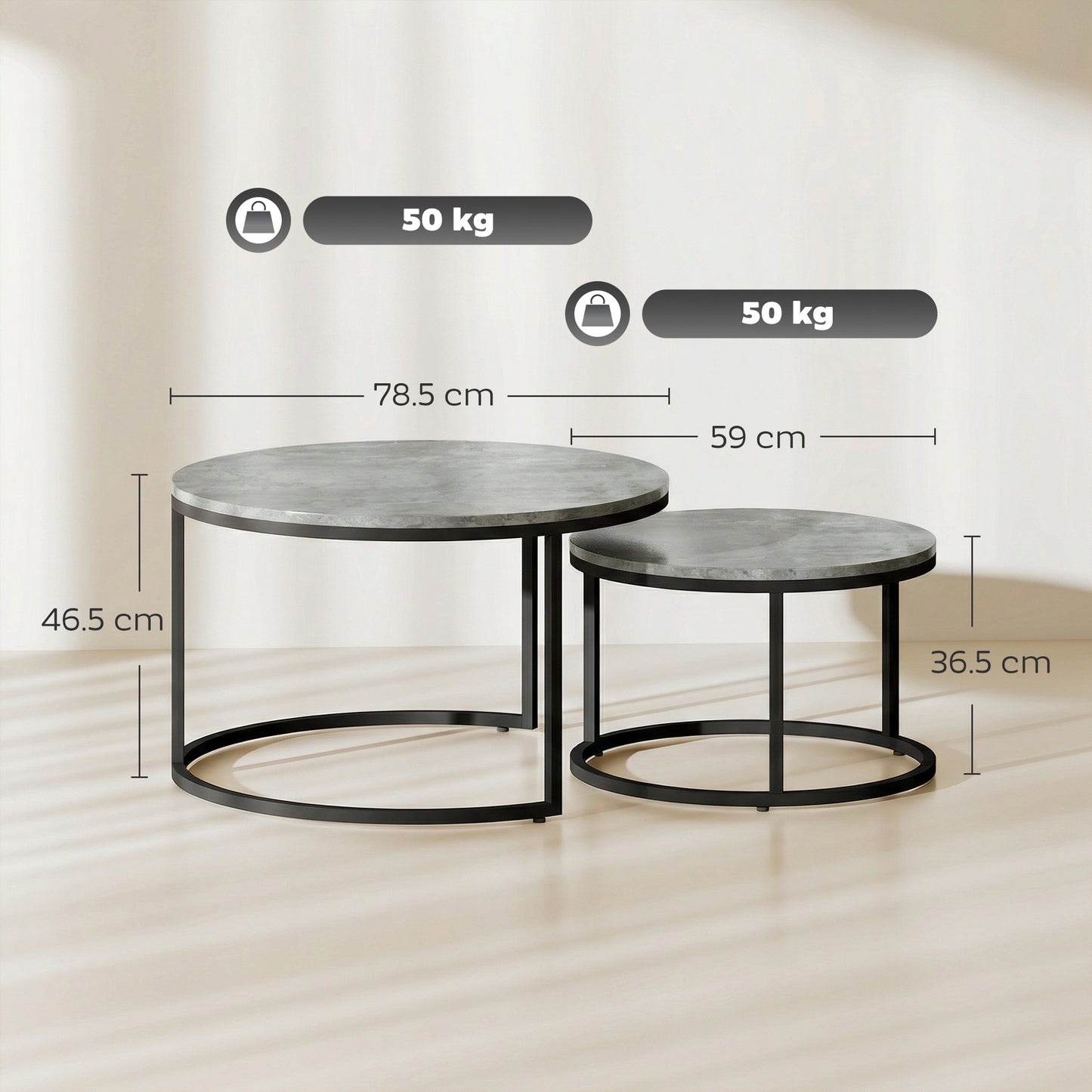 HOMCOM Cement Effect Stacking Tables Two Piece Set In Grey For Space Saving Overlapping Design