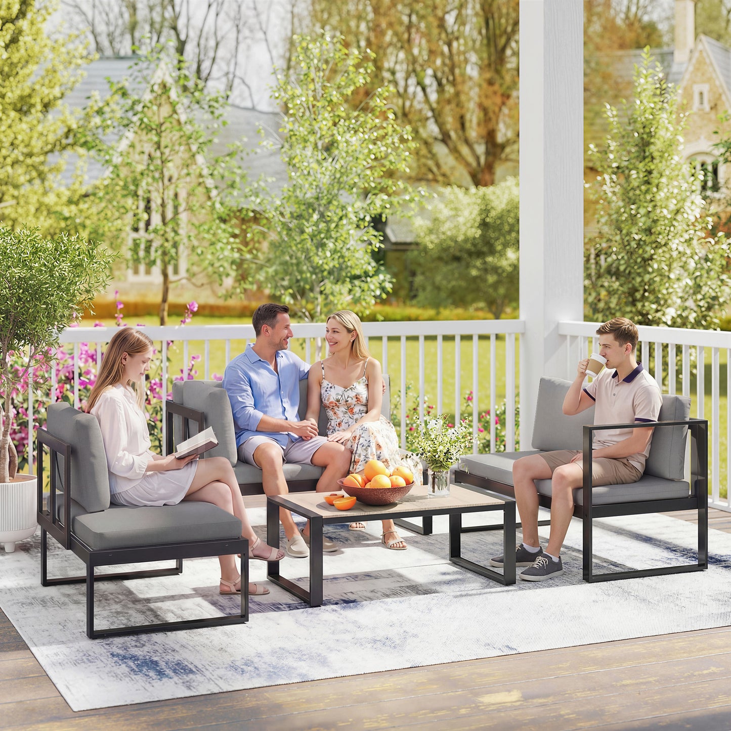 Outsunny 4 Piece Garden Sofa Set With Two Loveseats Armless Chair And Coffee Table For Balcony Dark Grey