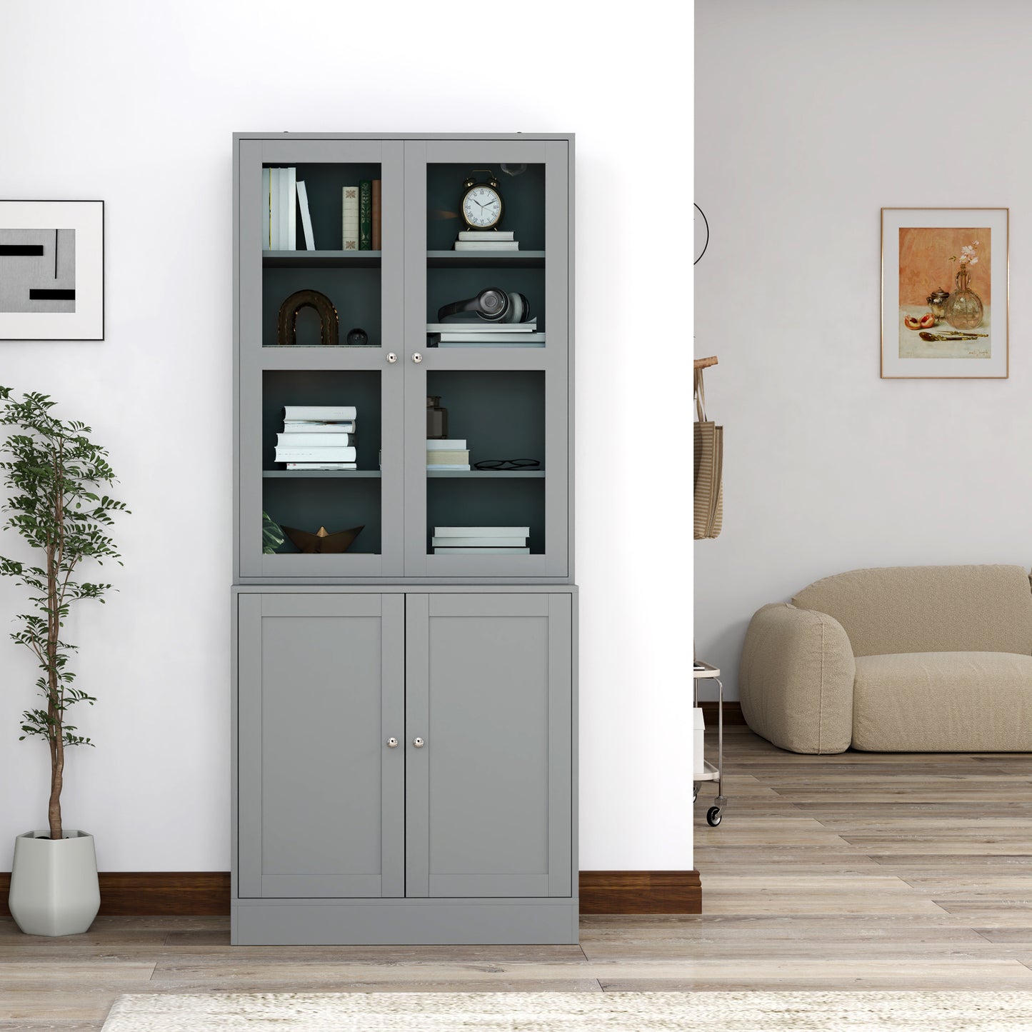 HOMCOM Double Storage Display Cabinet with Tempered Glass Doors Grey for Elegant Living Room Display and Extra Storage