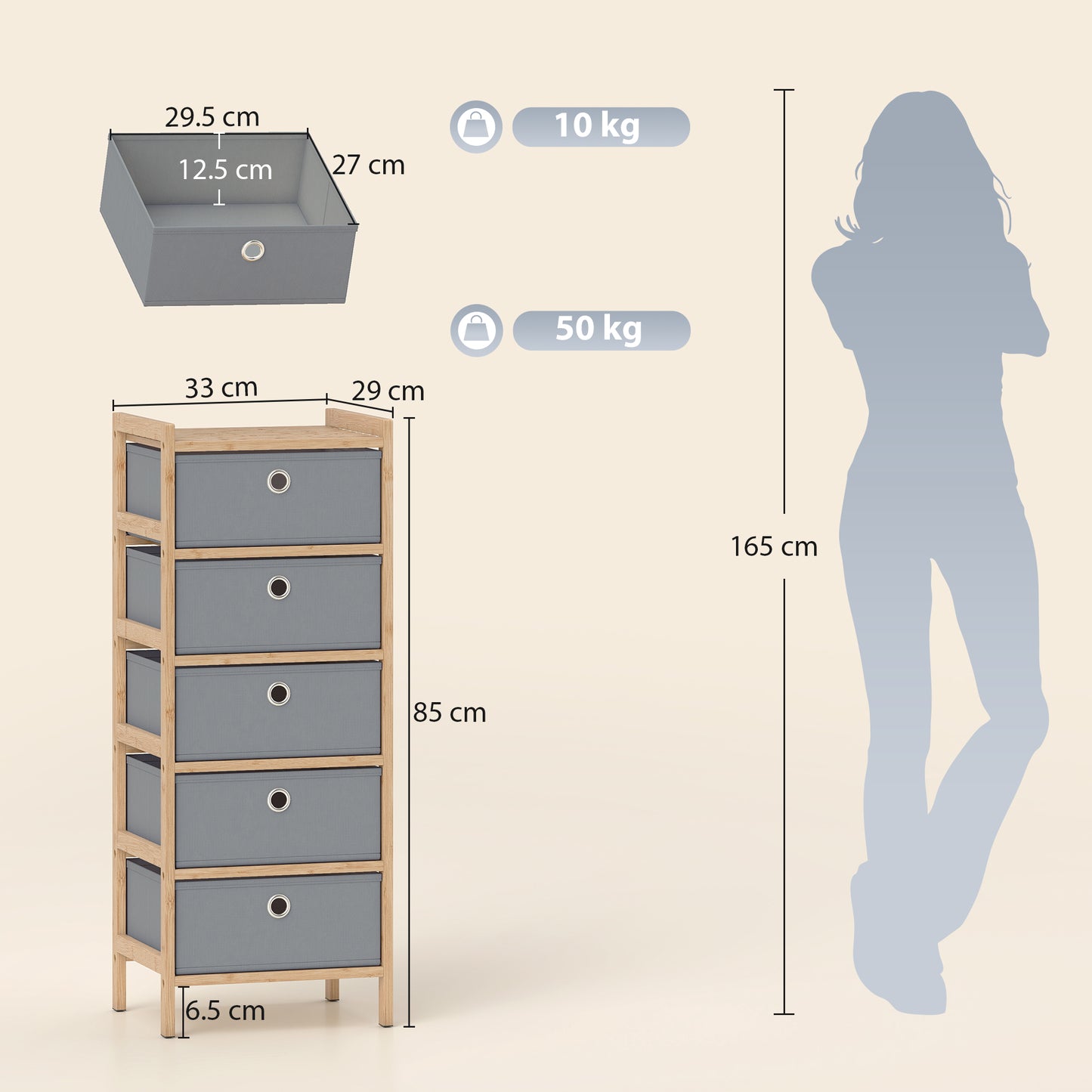 HOMCOM Narrow Chest Of Drawers Dresser With Five Fabric Drawers And Bamboo Frame In Light Grey