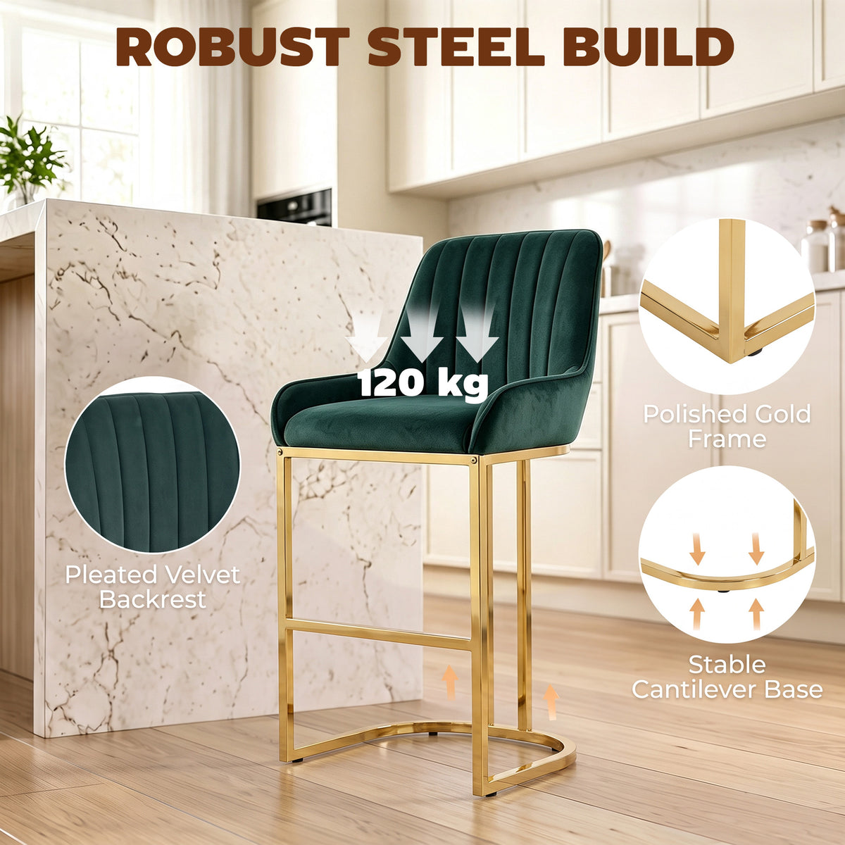 Dark green velvet bar stool with pleated backrest and polished gold frame