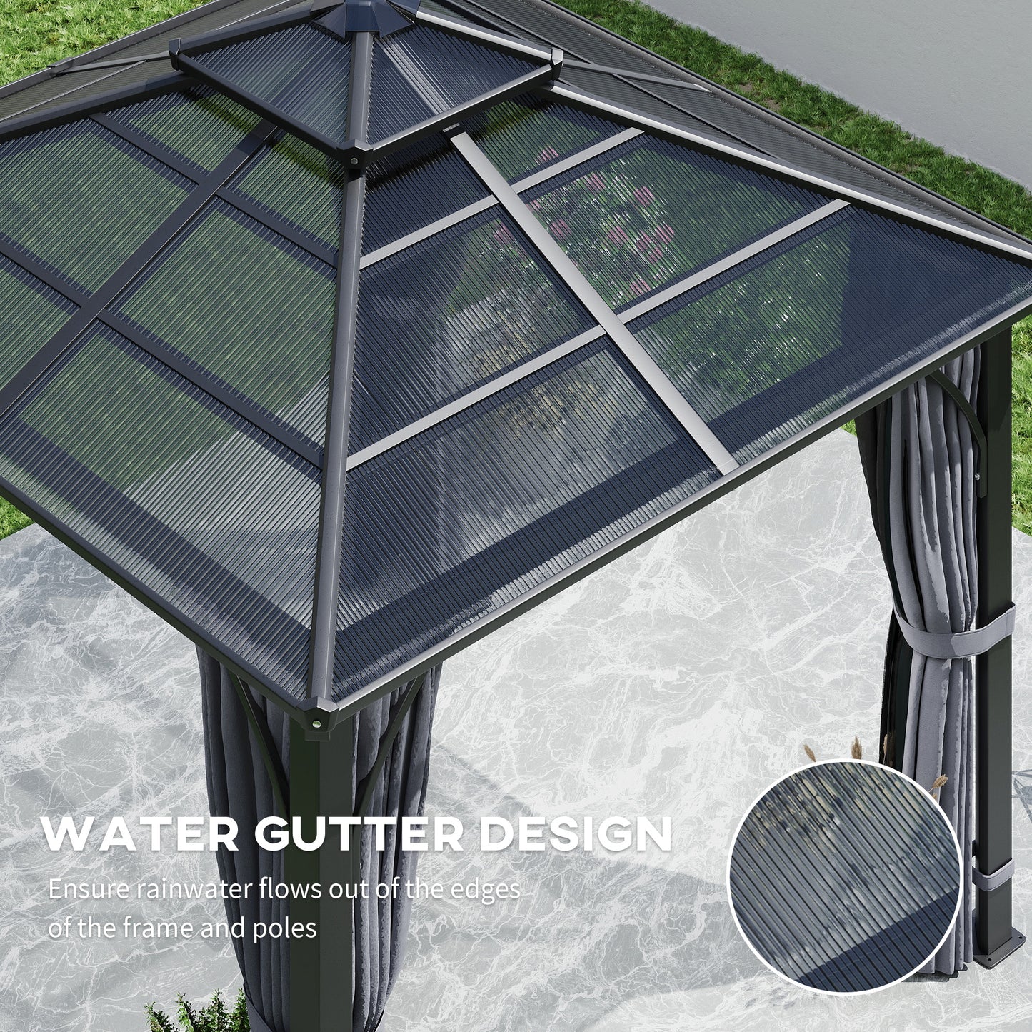 Outsunny 3m x 3m Hardtop Gazebo Canopy With 7mm Polycarbonate Roof Mosquito Netting And Curtains For Patio Dark Grey