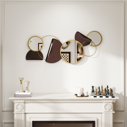 HOMCOM Metal Wall Art Gold Tone Modern Decorative Wall Mirror With 3D Bent Circles For Living Room Bedroom Dining Room