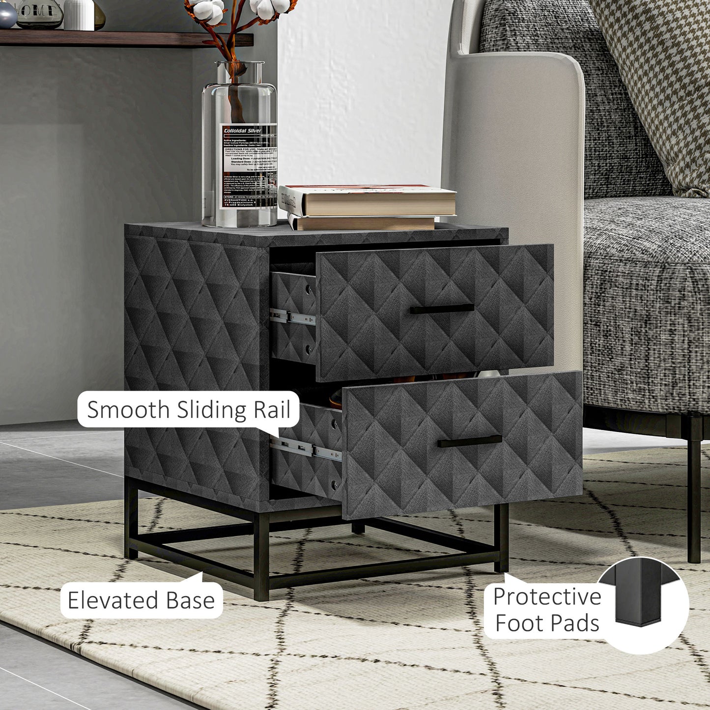 HOMCOM Bedside Tables Set Of 2 With 2 Drawers Modern Nightstands Grey Steel Legs Diamond Pattern Veneer End Tables