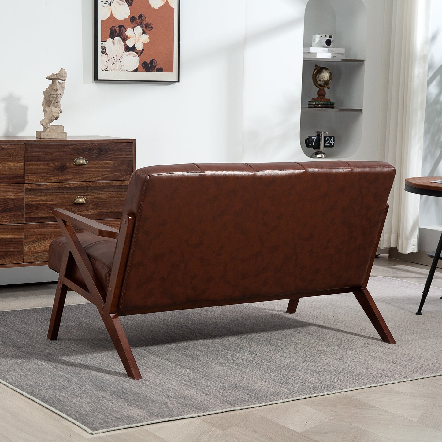 HOMCOM Compact 2 Seater Sofa Vintage Tufted Loveseat With Solid Wood Legs PU Leather Small Couch Settee Living Room