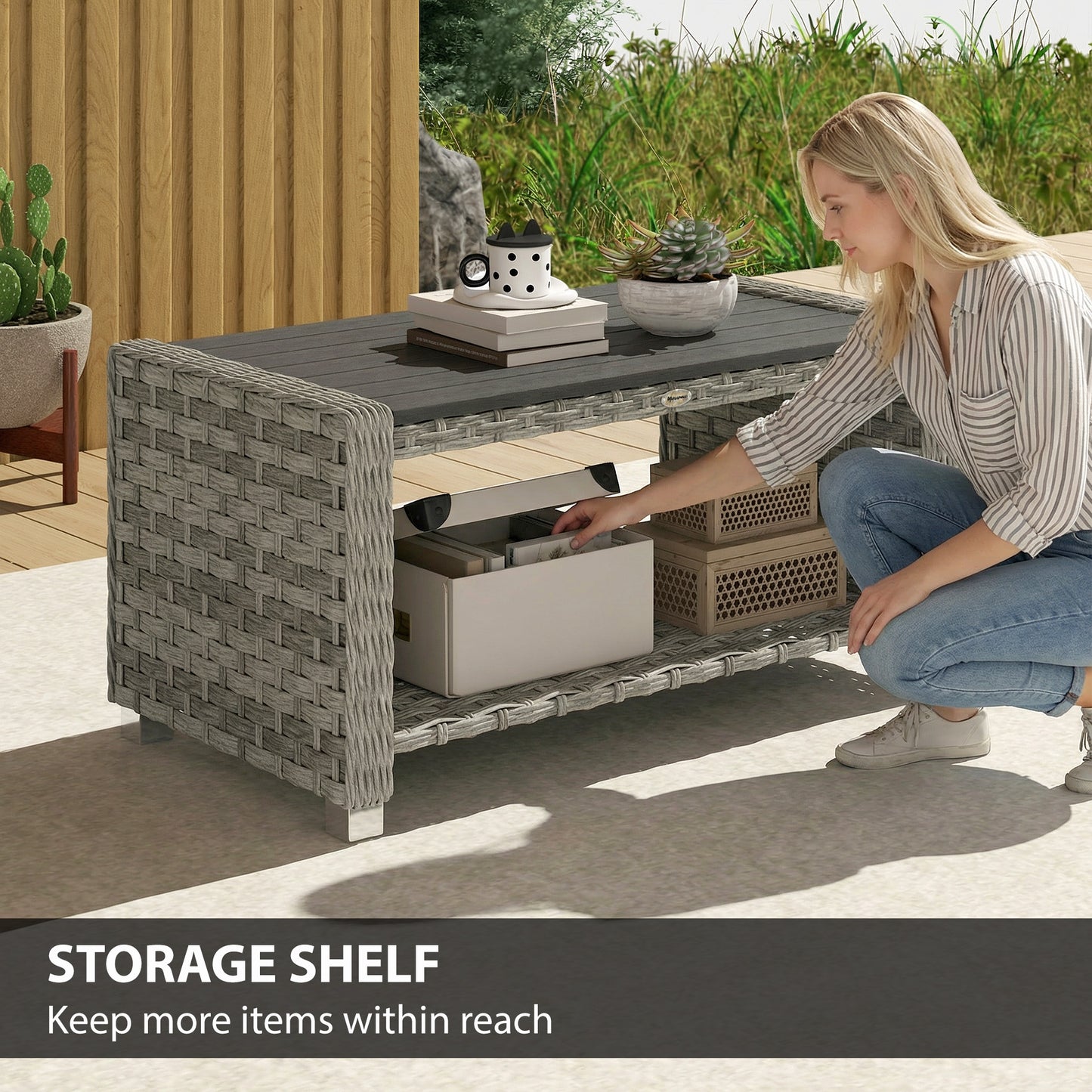 Outsunny Outdoor Coffee Table With Storage Shelf Slatted Top PE Rattan Water Resistant Grey