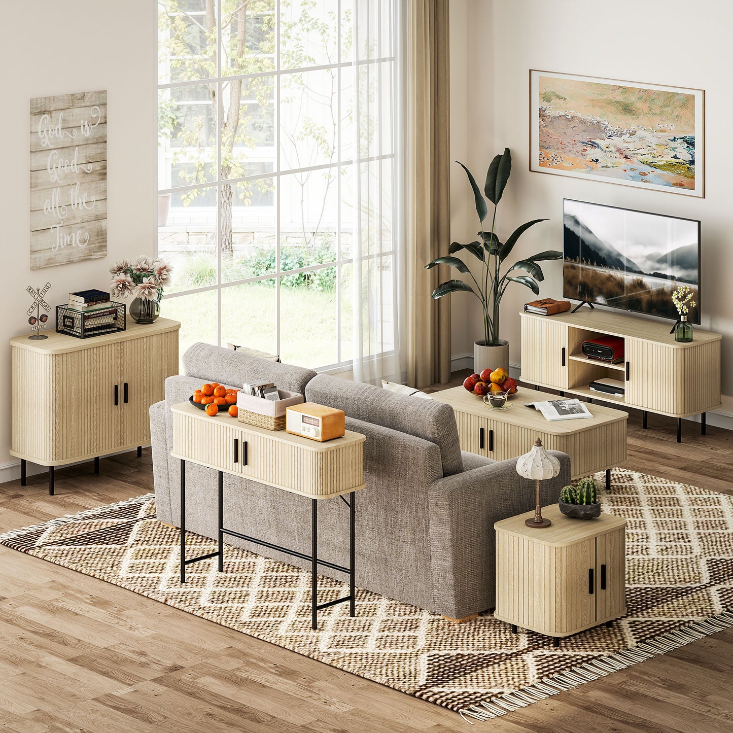 HOMCOM Mid Century Modern Sideboard Storage Cabinet With Slatted Tambour Sliding Doors Oak Tone
