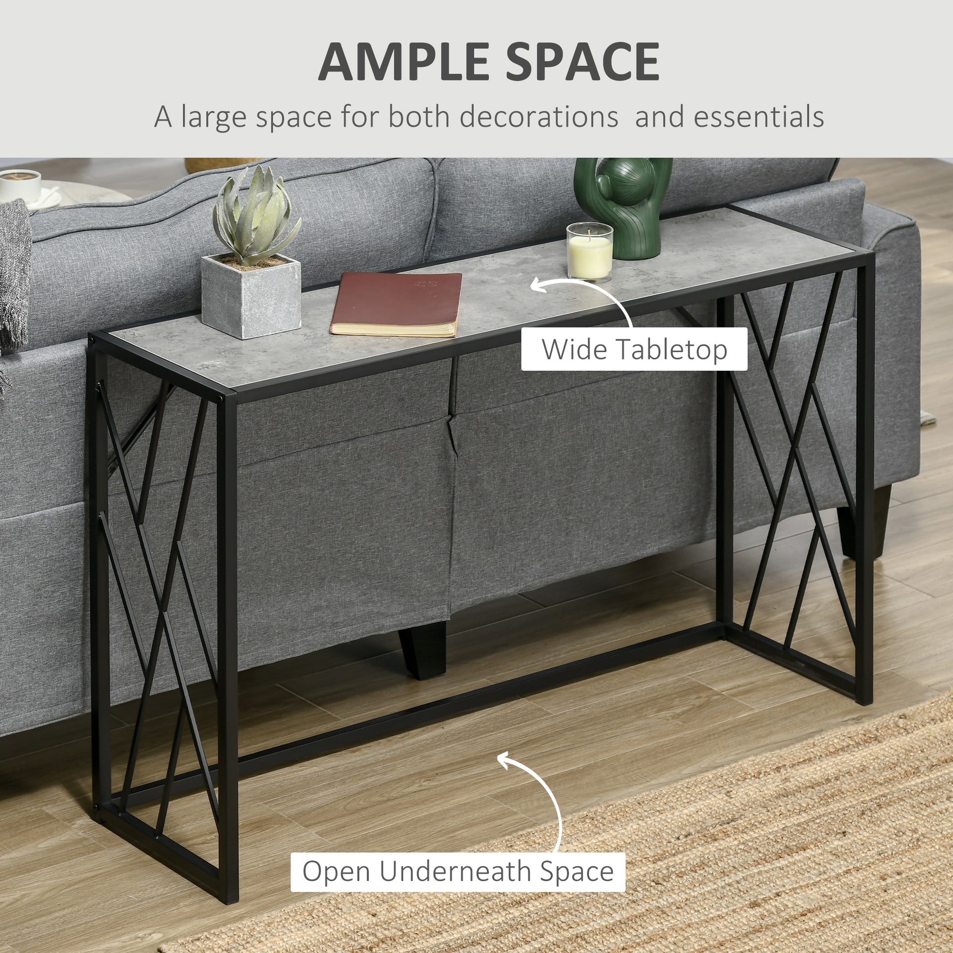 HOMCOM Industrial Chic 120cm Console Table with Sturdy Metal Frame for Entryway or Lounge, Grey and Black - ALL4U RETAILER LTD