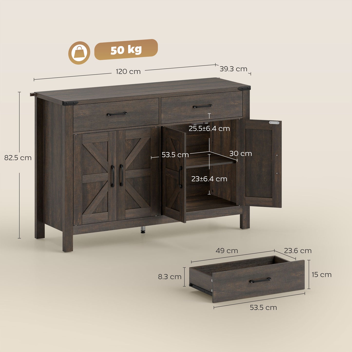 HOMCOM Kitchen Cupboard Sideboard With 4 Doors And 2 Drawers, 2 Adjustable Shelves, Dark Brown Farmhouse Cabinet