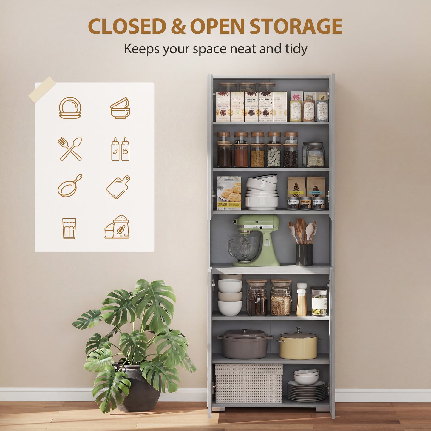 HOMCOM 180 Cm Tall Kitchen Cupboard Pantry Storage Cabinet With Soft Close Doors And Adjustable Shelves High Gloss Grey