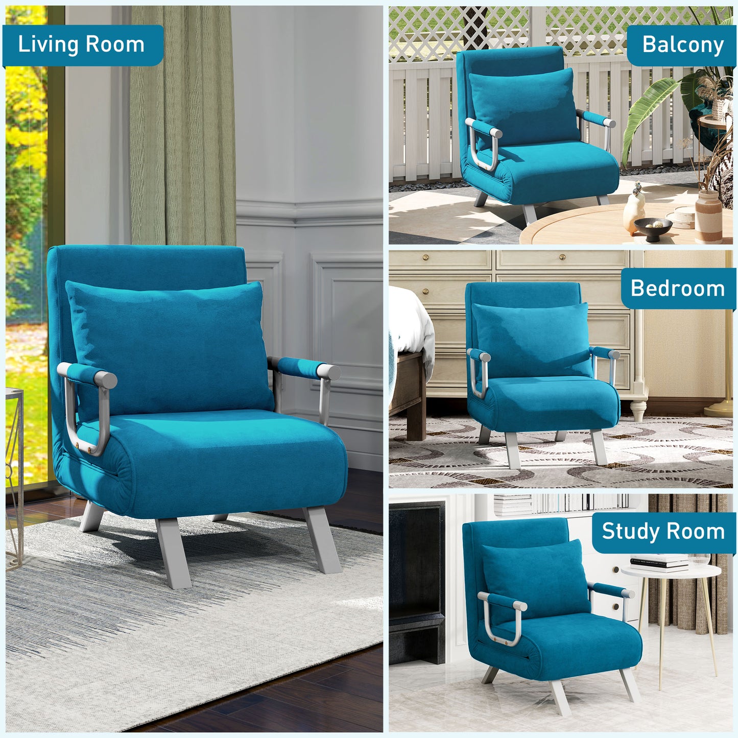 HOMCOM 4 In 1 Faux Suede Chair Bed Blue With Click Clack Design And Five Position Adjustable Back
