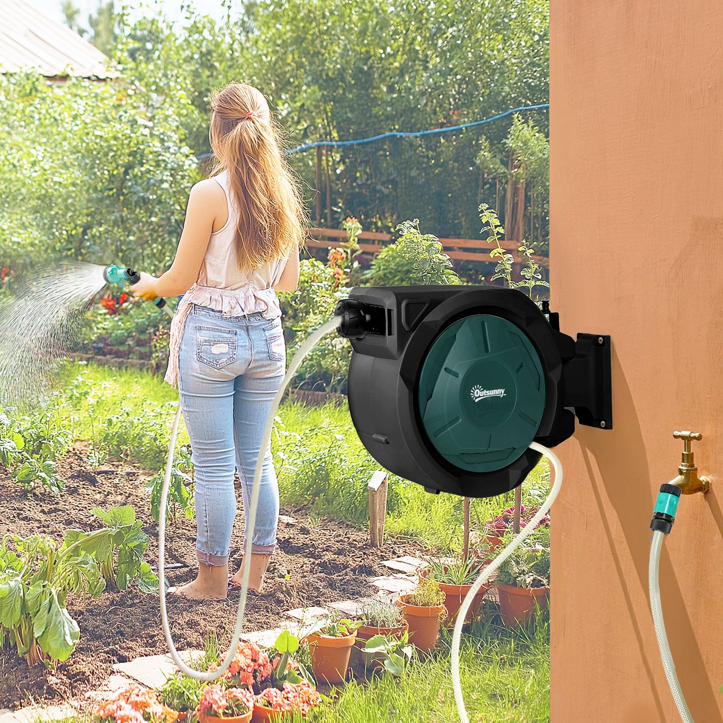 Outsunny Retractable Wall Mounted Hose Reel 30m Garden Hose With Auto Rewind 180 Degree Swivel 7 In 1 Nozzle Green