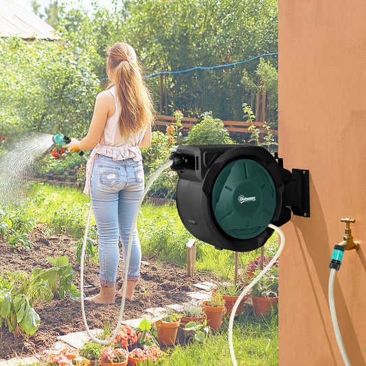 Outsunny Retractable Wall Mounted Hose Reel 30m Garden Hose With Auto Rewind 180 Degree Swivel 7 In 1 Nozzle Green