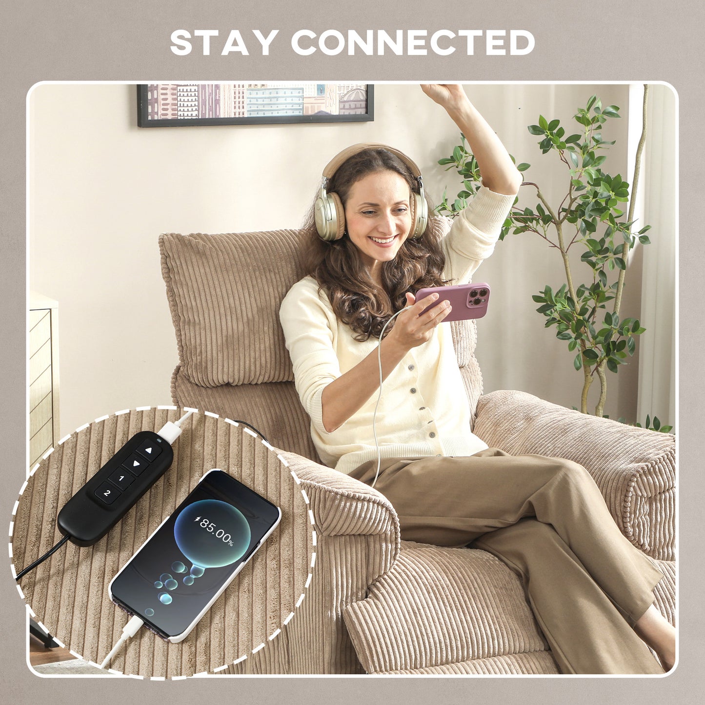 HOMCOM Corduroy Electric Massage Recliner Brown With Heat And Memory Function For Ultra Quiet Comfort