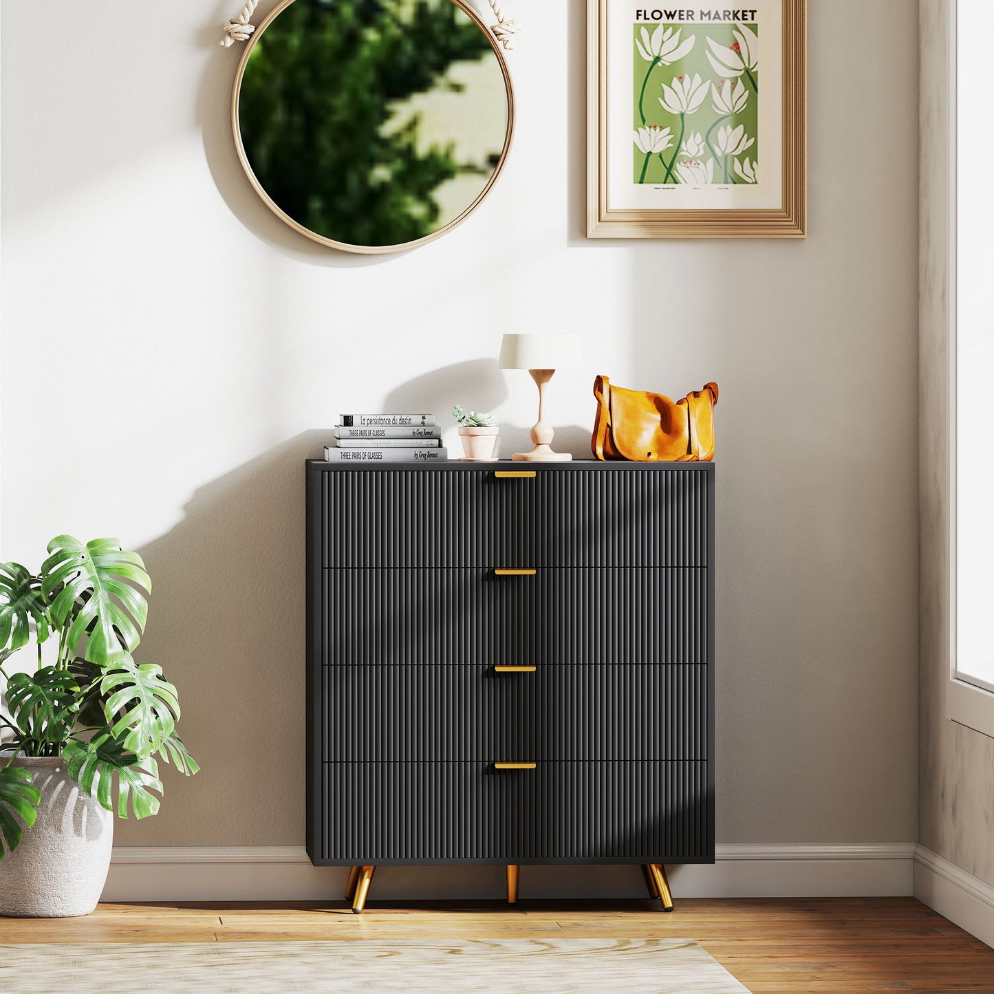 HOMCOM Elegant Four Drawer Bedside Table Black With Ridged Fronts And Gold Handles Nightstand