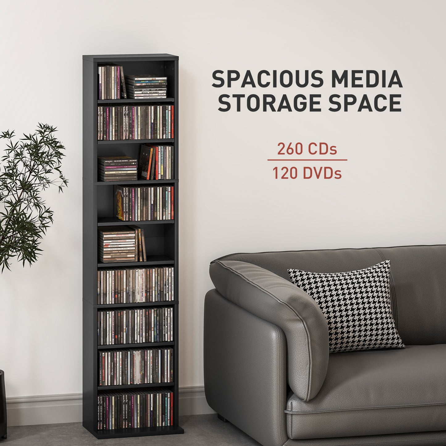 HOMCOM 260 Narrow CD Storage Unit Black With Six Adjustable Shelves Holds 260 CDs or 120 DVDs