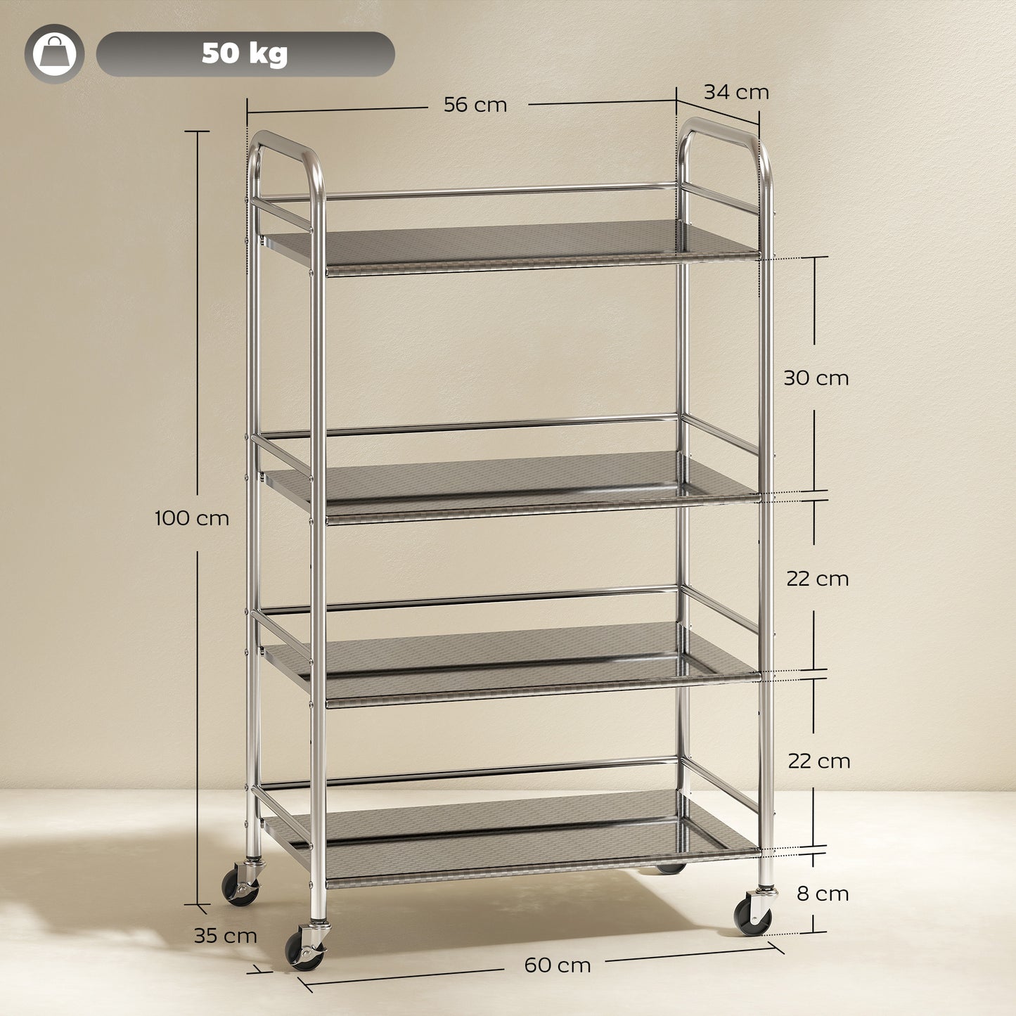 HOMCOM 4 Tier Stainless Steel Kitchen Storage Trolley With Adjustable Shelves And Locking Wheels Silver