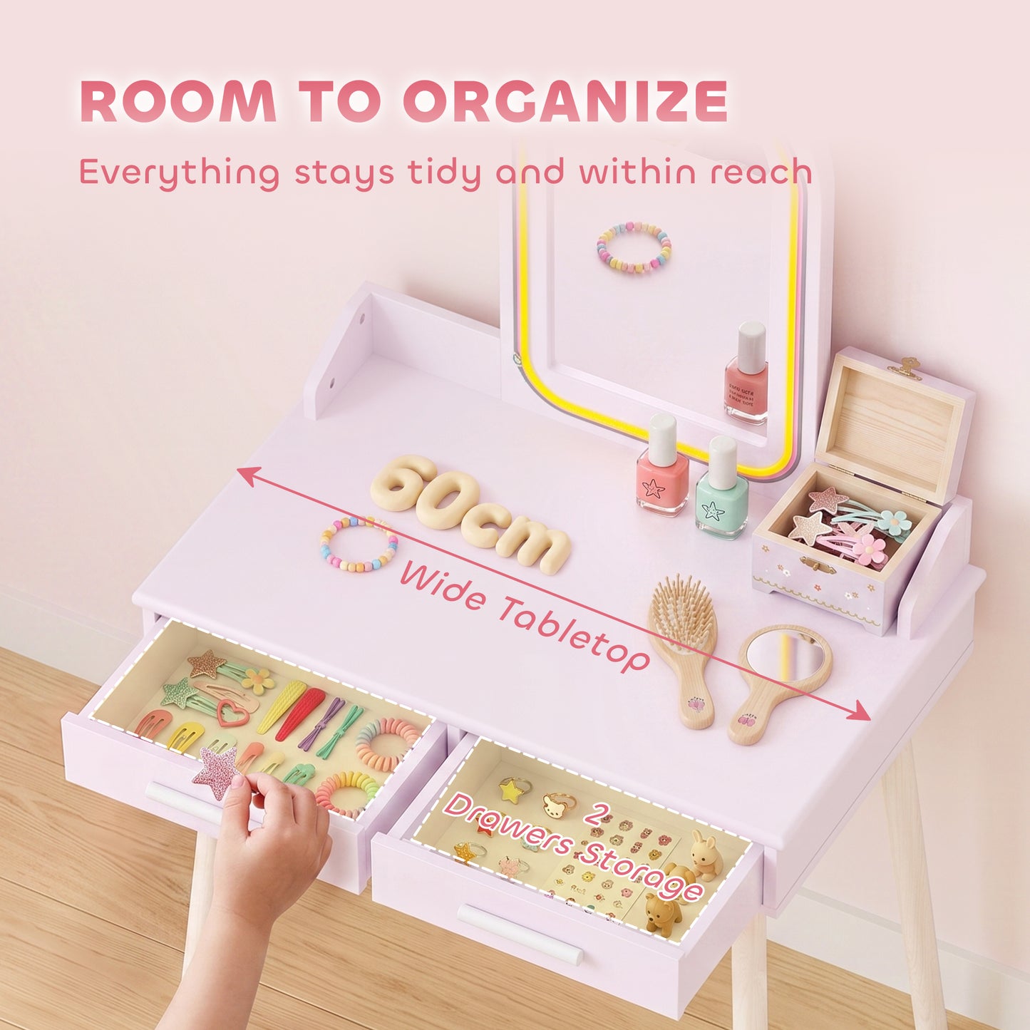 AIYAPLAY Kids Dressing Table And Stool Set With LED Mirror Three Colour Lights Pink For Ages 3 To 8