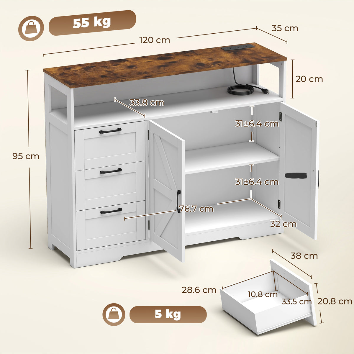 HOMCOM Farmhouse Sideboard Cabinet With Power Outlet 3 Drawers And Open Shelf
