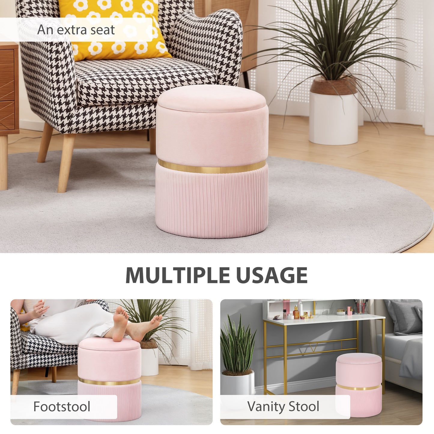HOMCOM Velvet Feel Storage Ottoman Pink with Under Seat Storage MDF Frame Multifunctional