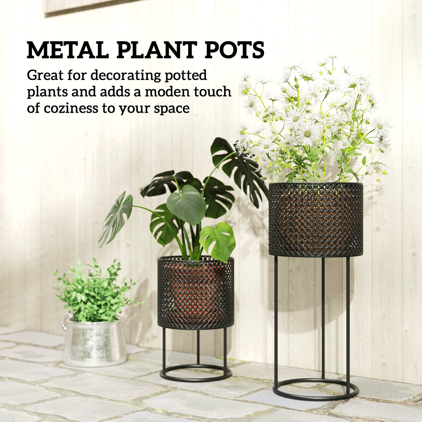 Outsunny Metal Plant Pots Set Of 2 With Hollow Design Flower Planters For Garden Balcony Black