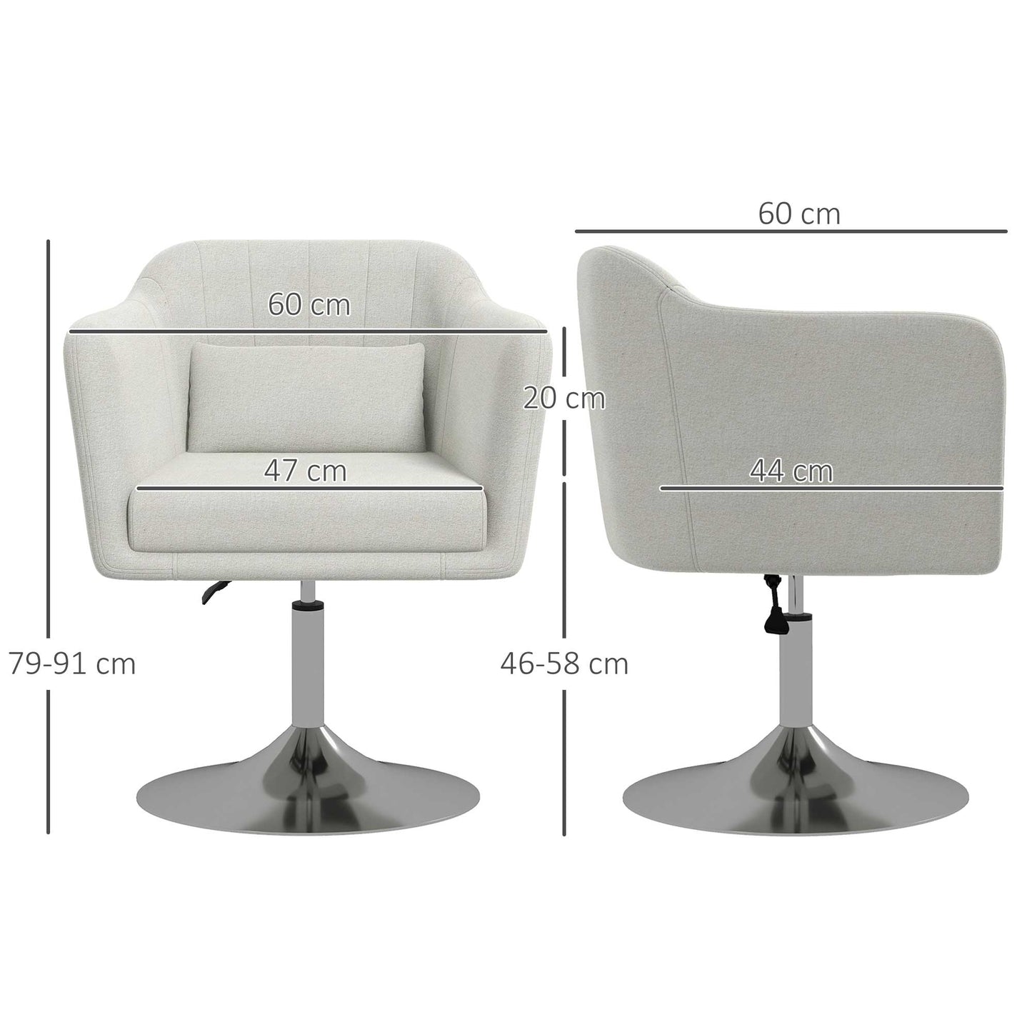 HOMCOM Modern Accent Chair Swivel Base Height Adjustable Arm Chair Pillow Living Room Bedroom Cream White - ALL4U RETAILER LTD