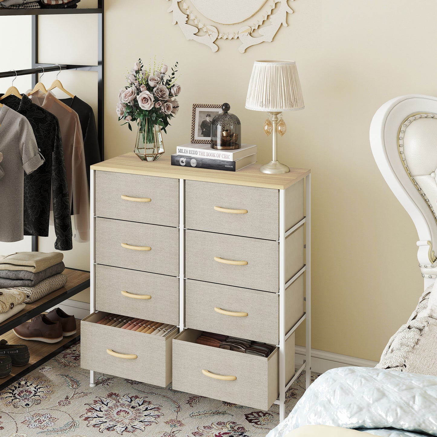 HOMCOM Fabric Chest Of Drawers With 8 Fabric Drawers Steel Frame Maple Wood Top Dresser For Nursery Living Room Hallway