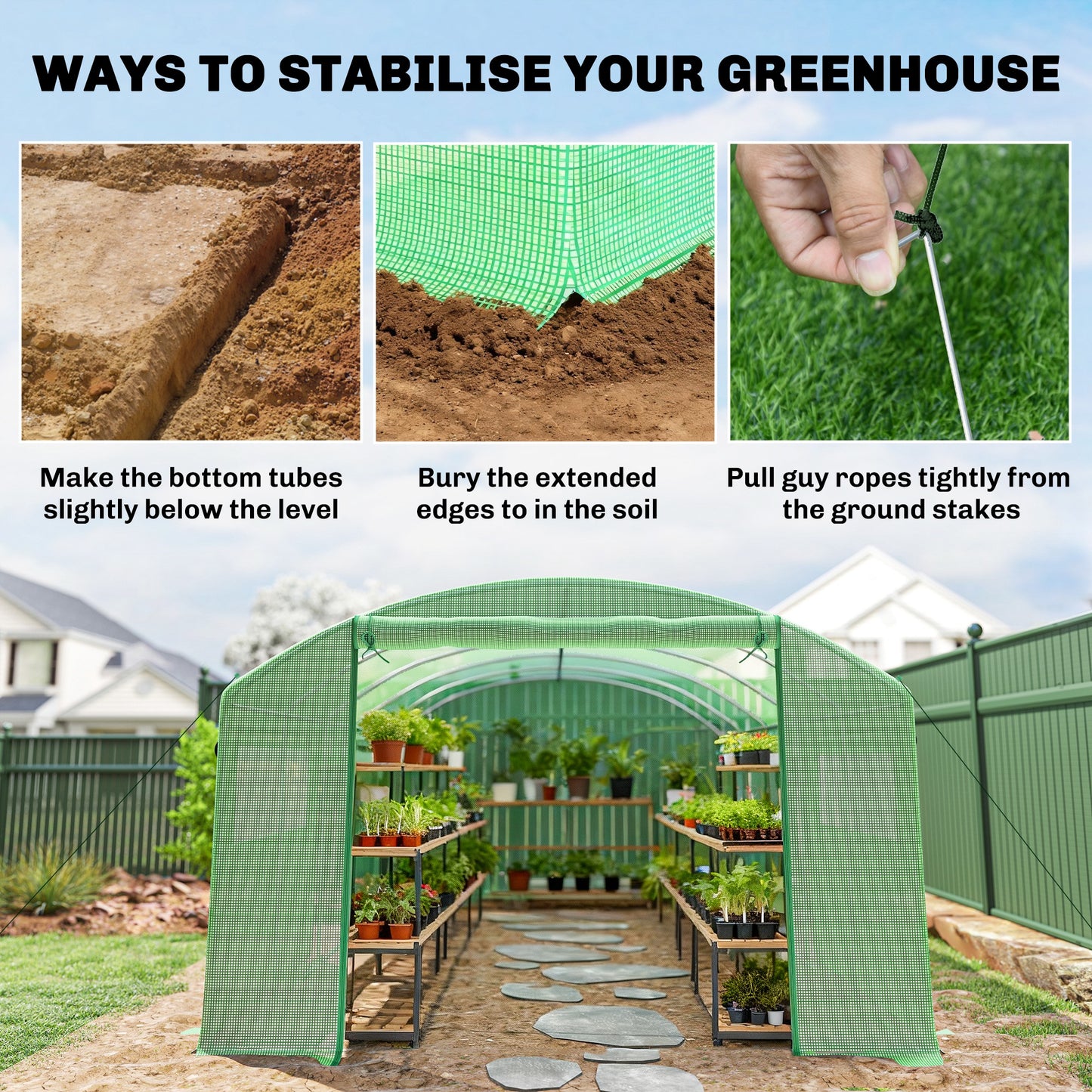 Outsunny 19 x 9.8 ft Walk-In Polytunnel Greenhouse With Roll-Up Doors And Mesh Windows 140gsm Cover