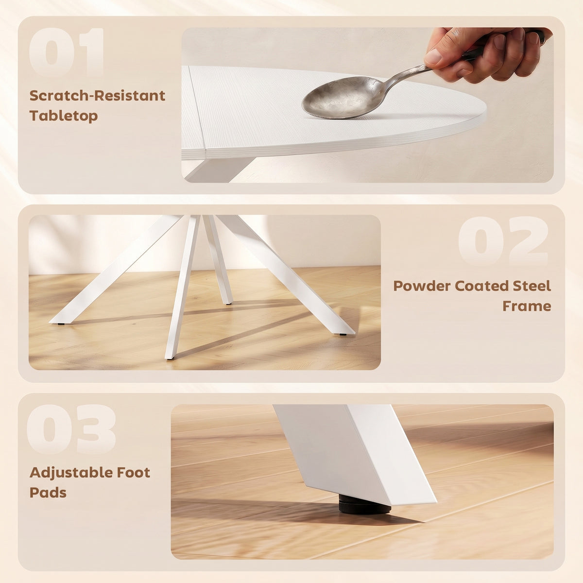 Table detail panel: scratch-resistant tabletop, powder-coated steel frame, adjustable feet