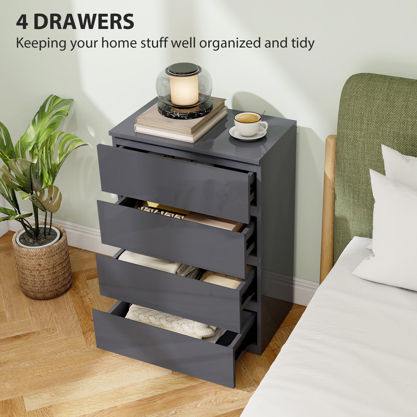 HOMCOM High Gloss Chest Of Drawers 4 Drawer Storage Cabinet Modern Bedroom Dresser Grey